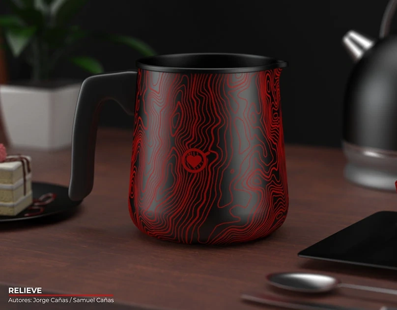 Cafetera Colombia con diseño de líneas en relieve, de Jorge Cañas